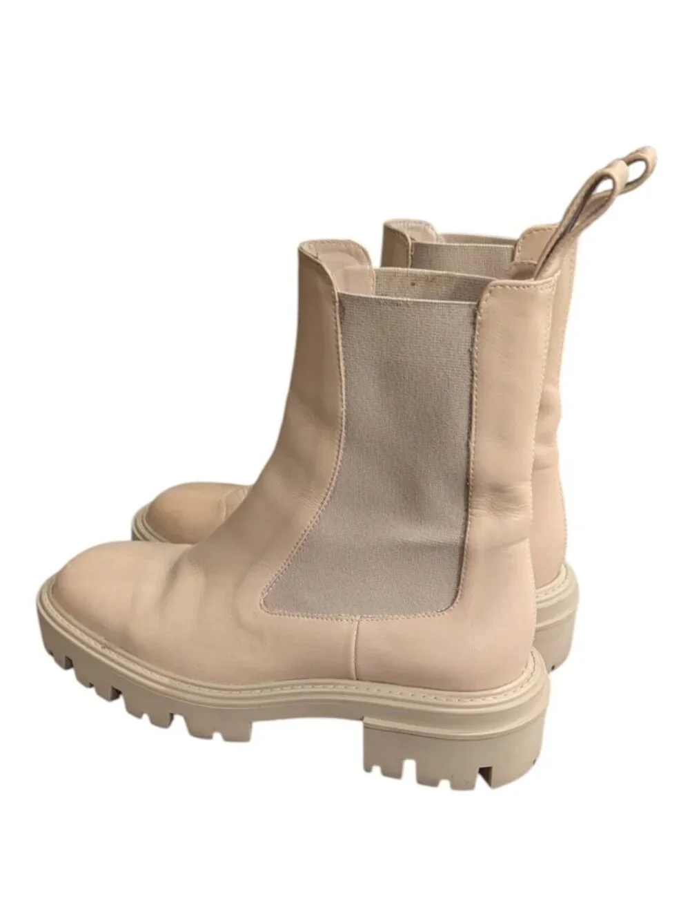Zara Womens Beige Leather Chunky Lug Sole Chelsea Ankle Boots Sz 37 / 6.5 - Picture 4 of 7